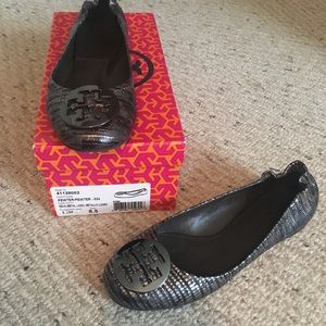 Tory Burch Reva Flats Pewter Metallic Lizard Print